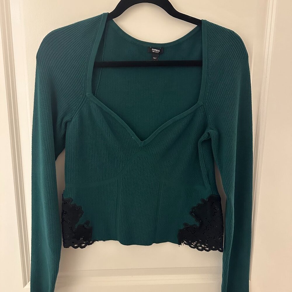 Express Body Contour Green Lace Top L